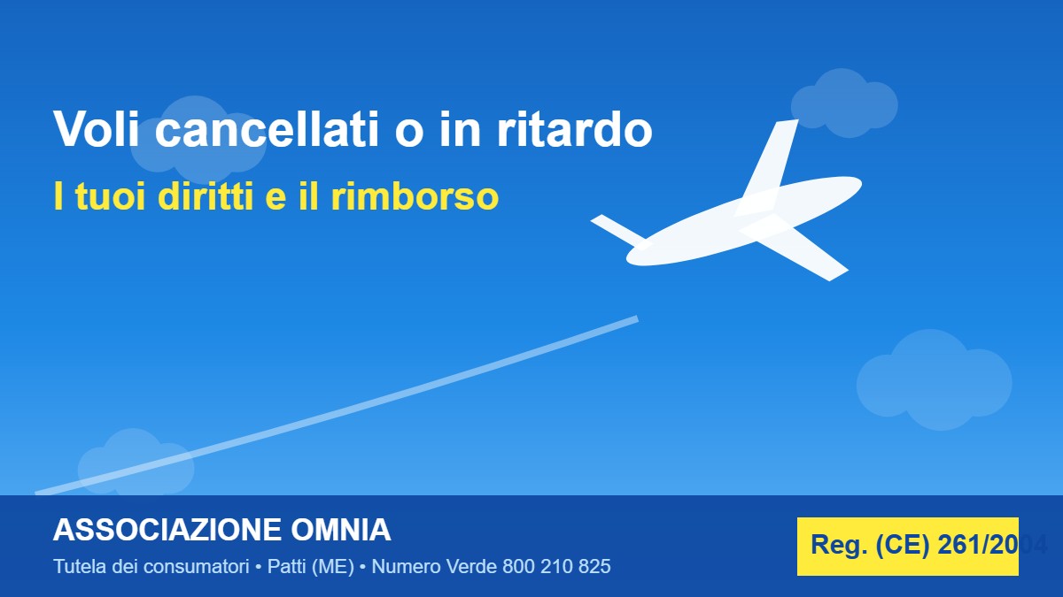 Aereo in volo con la scritta voli cancellati o in ritardo, i tuoi diritti e il rimborso, Associazione Omnia